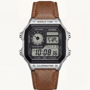 Vintage World Time Digital Leather Watch