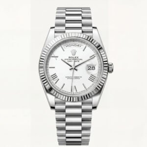 Classic White Dial Fluted Steel Day-Date Automatic Watch