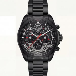 Matte Black Skeleton Chronograph Men's Watch with Red Accents