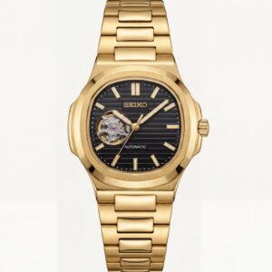 Gold Black Dial Open-Heart Automatic Steel Watch