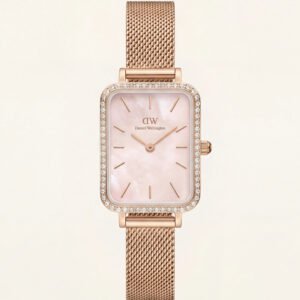 Blush Pearl Mesh Rectangle Watch - Rose Gold Crystal Edition
