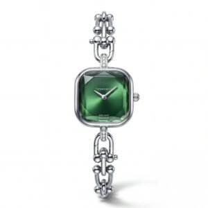 Silver Square Case Emerald Faceted Dial Jewelry Bracelet Watch – Women