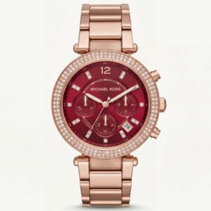 Rose Gold Crystal Bezel Ruby Red Dial Chronograph Bracelet Watch