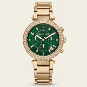 Gold Crystal Bezel Emerald Green Dial Chronograph Bracelet Watch