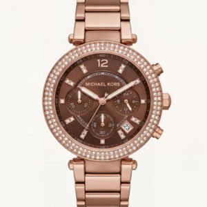 Rose Gold Crystal Bezel Brown Dial Chronograph Bracelet Watch