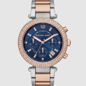 Two-Tone Rose Gold & Silver Crystal Bezel Blue Dial Chronograph Bracelet Watch