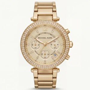 Gold Tone Crystal Bezel Champagne Dial Chronograph Bracelet Watch
