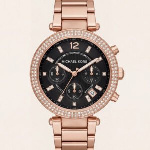 Rose Gold Crystal Bezel Black Dial Chronograph Bracelet Watch