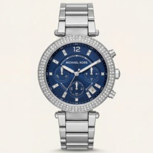 Silver Crystal Bezel Blue Chronograph Multi-Dial Bracelet Watch