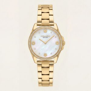 Gold Tone Crystal Bezel Mother of Pearl Floral Dial Elegant Bracelet Watch