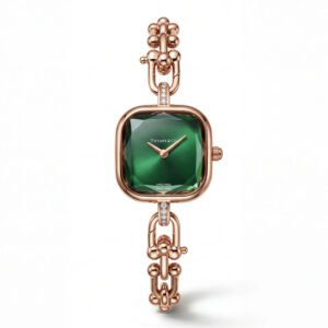 Rose Gold Square Case Emerald Sunray Dial Jewelry Bracelet Watch – Women