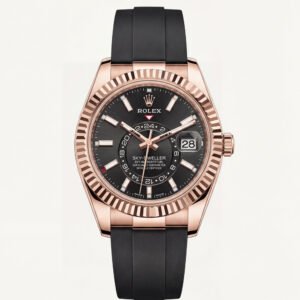 Rose Gold Black Dial Fluted Bezel Premium Men's Watch with Rubber Strap