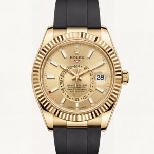 Gold Dial Fluted Bezel Luxury Men's Watch with Black Rubber Strap