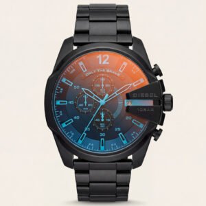 Black Steel Chronograph Men's Watch with Dual-Tone Gradient Dial