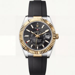 Black Dial Gold Fluted Bezel Dual-Tone Men's Watch with Rubber Strap