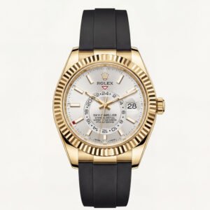 Gold Fluted Bezel White Dial Luxury Men's Watch with Rubber Strap