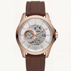 Rose Gold Skeleton Automatic Dial Brown Silicone Strap Men's Watch