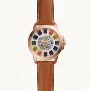 Rose Gold Skeleton Dial Brown Leather Strap Men's Watch