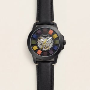 Multicolor Skeleton Dial Black Case Leather Strap Men's Watch
