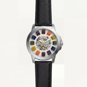 Multicolor Skeleton Dial Leather Strap Men's Watch