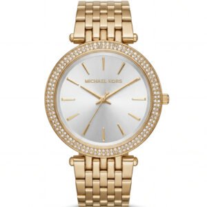Gold Crystal Bezel Silver Sunray Dial Luxury Bracelet Watch – Women