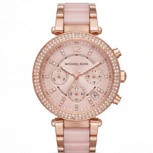 Rose Gold Crystal Bezel Blush Chronograph Dial Luxury Bracelet Watch – Women