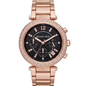 Rose Gold Crystal Bezel Black Chronograph Luxury Bracelet Watch – Women