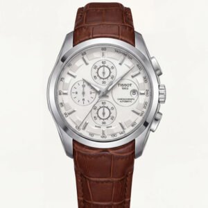 Classic Silver Chronograph Watch with White Dial & Brown Leather Strap