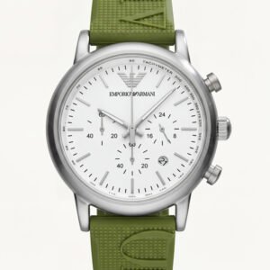 Silver Chronograph Watch for Men with White Dial & Green Strap