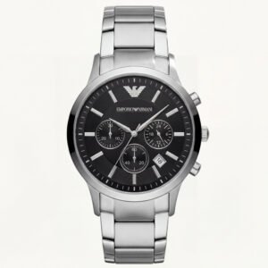Silver Stainless Steel Chronograph Watch for Men - Black Dial