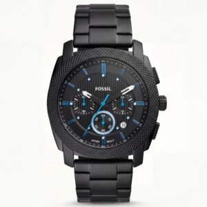 Black Steel Chronograph Watch with Blue Accents for Men