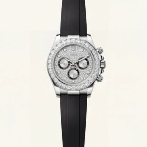 Silver Diamond Bezel Chronograph Watch with Black Rubber Strap