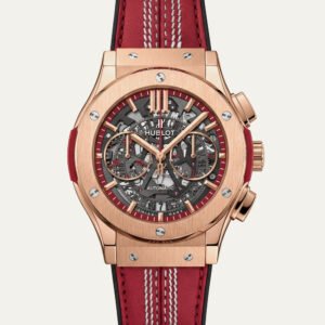 Rose Gold Skeleton Chronograph Watch with Red Leather Strap