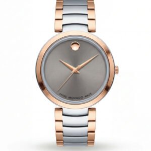 Two-Tone Steel & Rose Gold Minimalist Grey Sunray Dial Luxury Bracelet Watch – Women