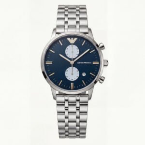 Silver Stainless Steel Chronograph Luxury Men's Watch with Deep Blue Dial
