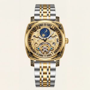 Gold Skeleton Moonphase Open-Heart Automatic Men's WatcH