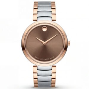 Two-Tone Steel & Rose Gold Minimalist Brown Sunray Dial Luxury Bracelet Watch – Women