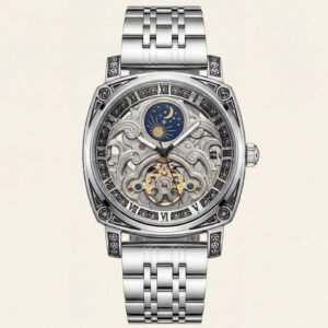 Silver Skeleton Moonphase Open-Heart Automatic Men's Watch