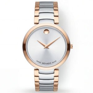Two-Tone Steel & Rose Gold Minimalist Silver Sunray Dial Luxury Bracelet Watch – Women