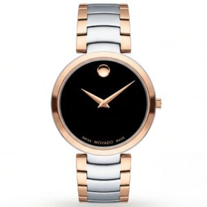 Two-Tone Steel & Rose Gold Minimalist Black Dial Luxury Bracelet Watch - Women