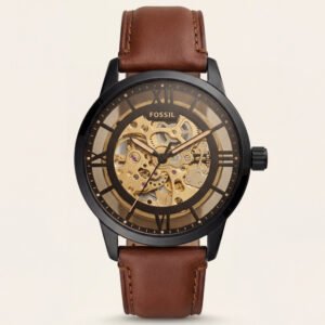 Luxury Skeleton Automatic Men's Watch with Gold Open-Work Dial & Brown Leather Strap