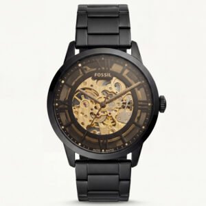 Luxury Black Skeleton Automatic Men's Watch with Gold Open-Work Dial & Matte Steel Bracelet