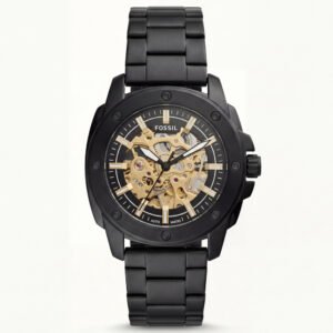 Luxury Black Skeleton Automatic Men's Watch with Gold Mechanical Dial & Matte Steel Bracelet