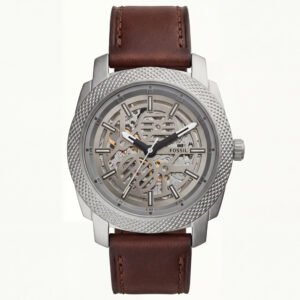 Luxury Skeleton Dial Automatic Men's Watch with Textured Steel Case & Brown Leather Strap