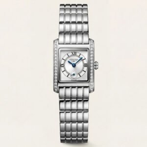 Diamond-Set Rectangular Silver Dial Roman Numeral Steel Bracelet Watch - Women