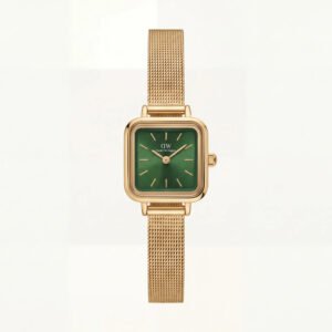 Gold Square Case Emerald Green Dial Mesh Strap Watch