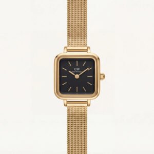Gold Square Case Black Dial Mesh Strap Watch