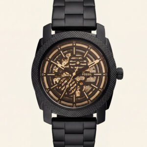 All-Black Skeleton Automatic Men's Watch with Gold Mechanism