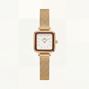 Gold Square Case White Dial Mesh Strap Watch