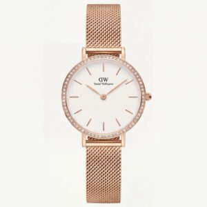 Rose Gold Crystal Bezel White Dial Mesh Strap Watch